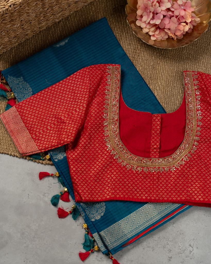 Peacock Blue Striped Kanchipuram Kora Silk Saree with Red Banarasi Brocade hand Embroidered Blouse | Blouse Size 38-44 | Free Shipping