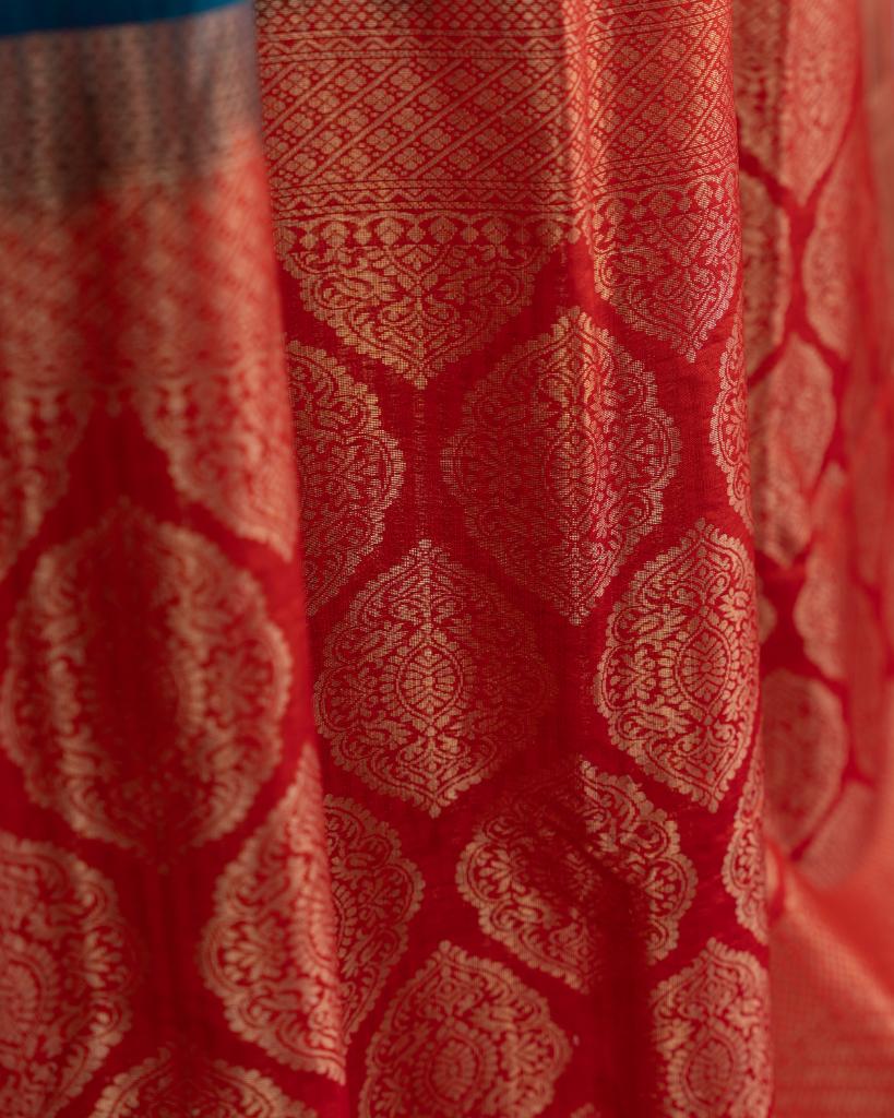 Peacock Blue Striped Kanchipuram Kora Silk Saree with Red Banarasi Brocade hand Embroidered Blouse | Blouse Size 38-44 | Free Shipping