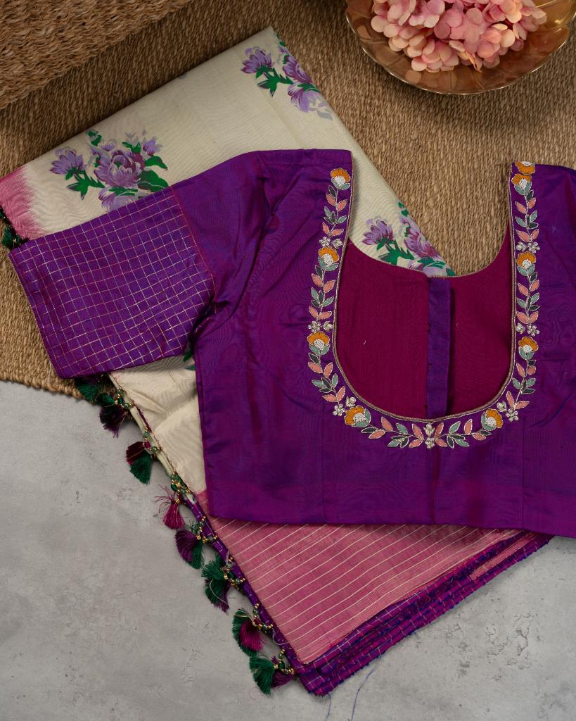 Unique Lilac Printed Gadwal Silk Saree in Off-white with Purple Color Handwork Blouse | Blouse Size 38-44 | Free Shipping