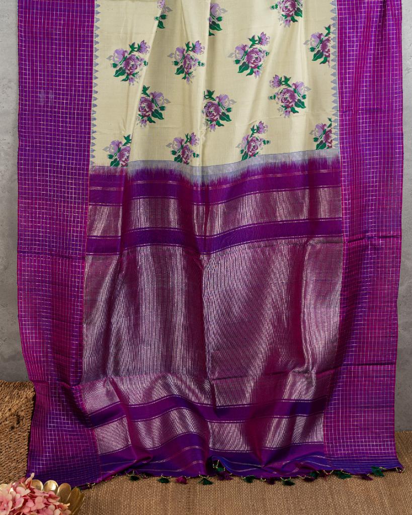 Unique Lilac Printed Gadwal Silk Saree in Off-white with Purple Color Handwork Blouse | Blouse Size 38-44 | Free Shipping