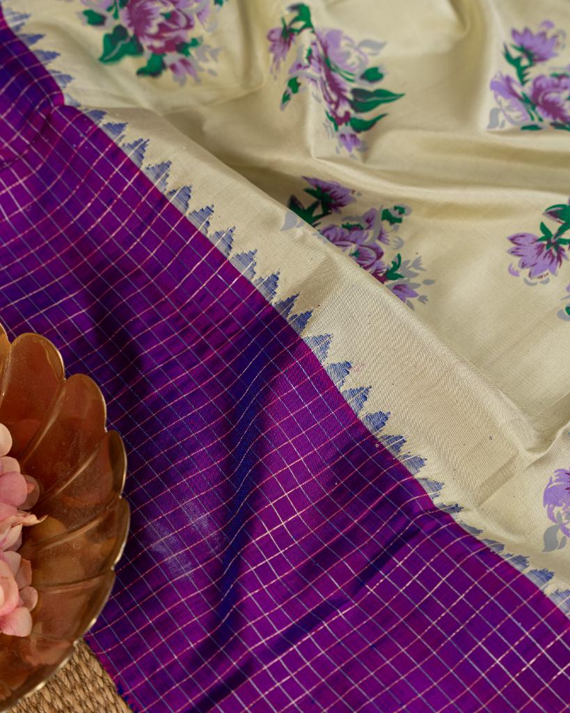 Unique Lilac Printed Gadwal Silk Saree in Off-white with Purple Color Handwork Blouse | Blouse Size 38-44 | Free Shipping