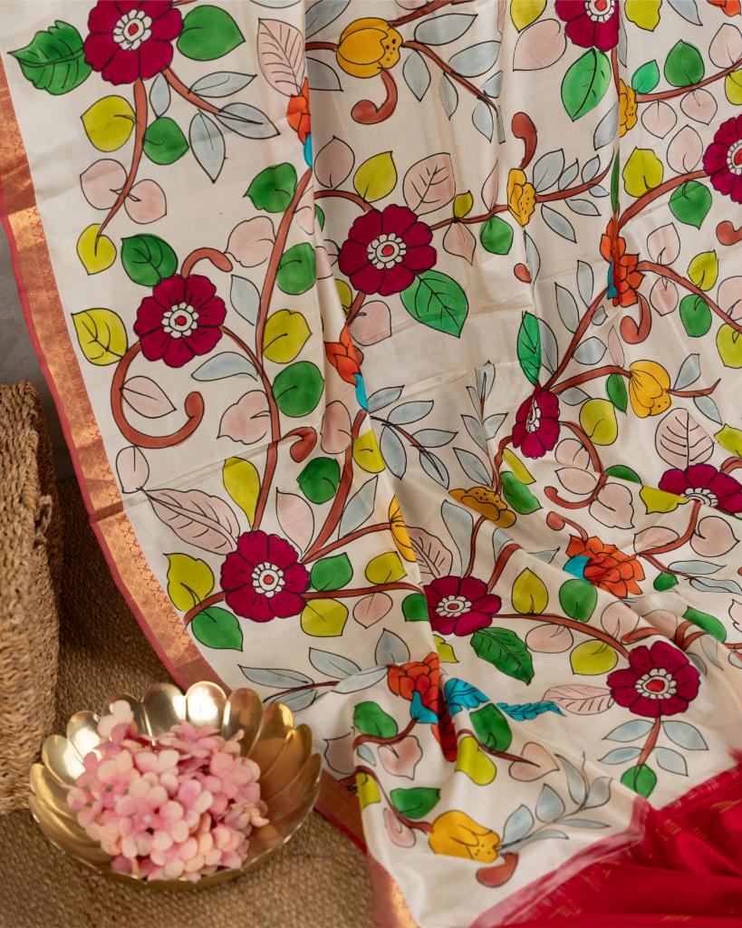 Hand Painted Kalamkari on Offwhite Pure Kanchipuram Silk saree with Red Borders and Red Hand Embroidered Blouse | Blouse Size 38-44” | Free Shipping