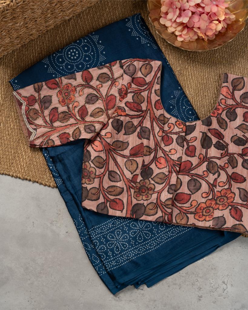 Teal Gajji Silk Saree with Kalamkari Handword Ajrak Silk Blouse | Blouse Size 38-44” | Free Shipping Printed Black Irkal Silk Saree with PinkBorders and Pearl Embroidered Pink Blouse | Blouse Size 38-44 | Free Shipping