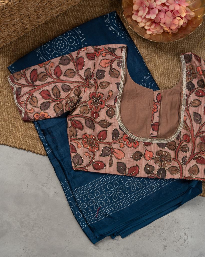 Teal Gajji Silk Saree with Kalamkari Handword Ajrak Silk Blouse | Blouse Size 38-44” | Free Shipping Printed Black Irkal Silk Saree with PinkBorders and Pearl Embroidered Pink Blouse | Blouse Size 38-44 | Free Shipping