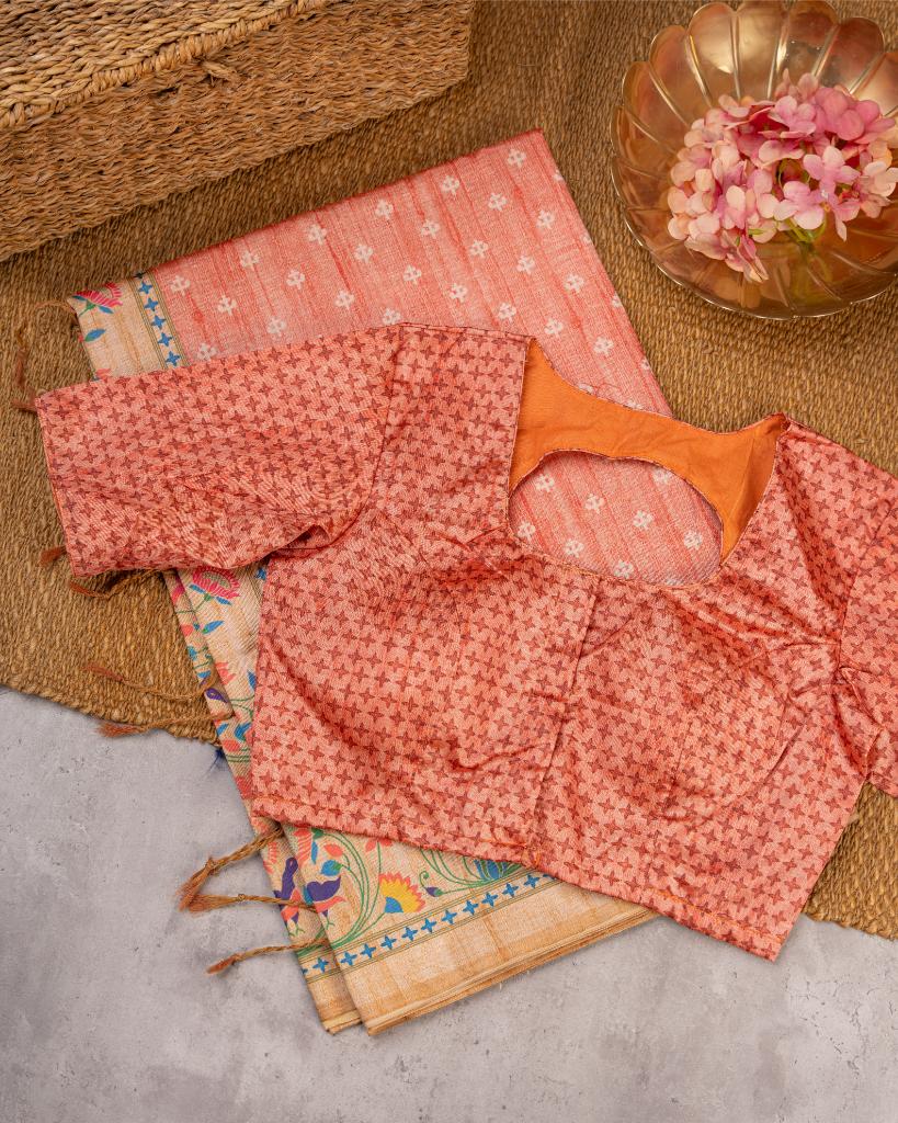 Peach Semi Tassar Silk Saree with Paithani Brocade printed Borders & Pallu | Blouse Size 38-44” | Free Shipping