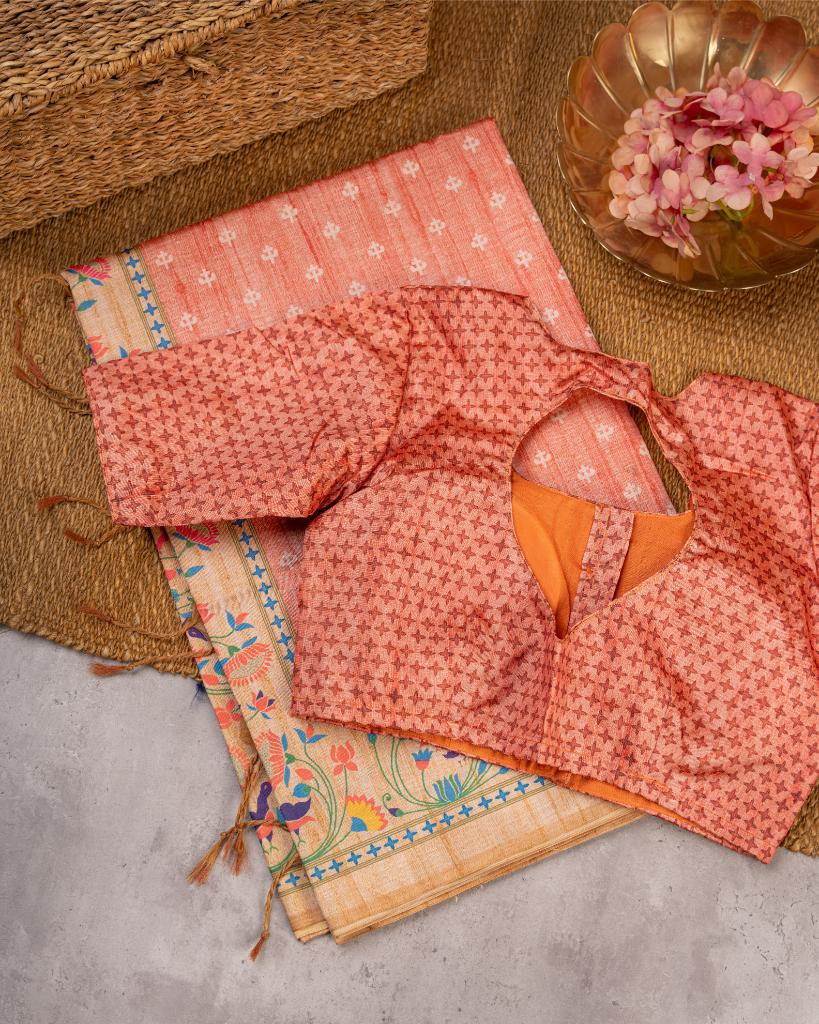 Peach Semi Tassar Silk Saree with Paithani Brocade printed Borders & Pallu | Blouse Size 38-44” | Free Shipping