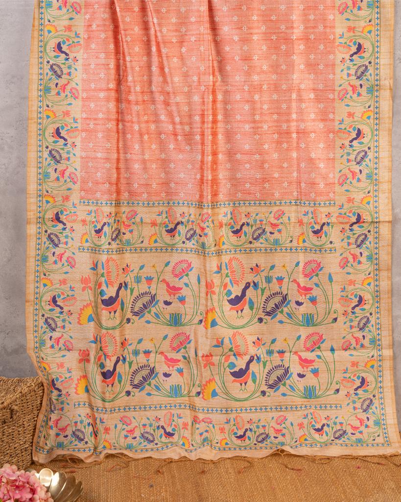 Peach Semi Tassar Silk Saree with Paithani Brocade printed Borders & Pallu | Blouse Size 38-44” | Free Shipping