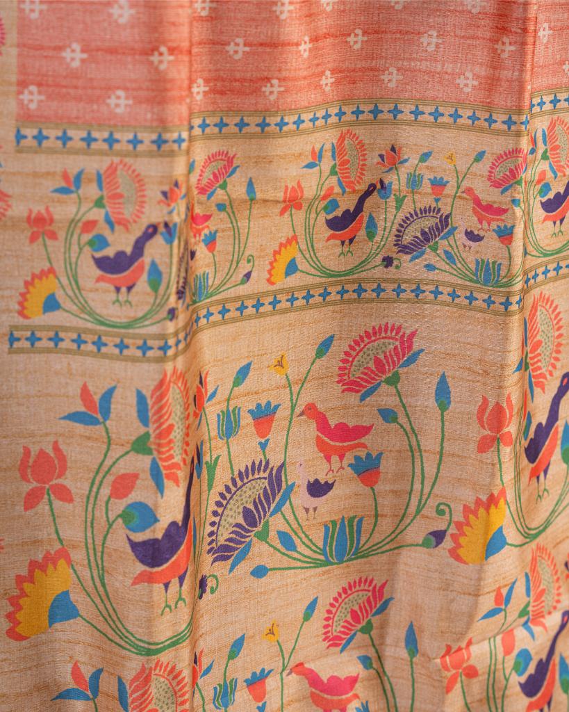 Peach Semi Tassar Silk Saree with Paithani Brocade printed Borders & Pallu | Blouse Size 38-44” | Free Shipping