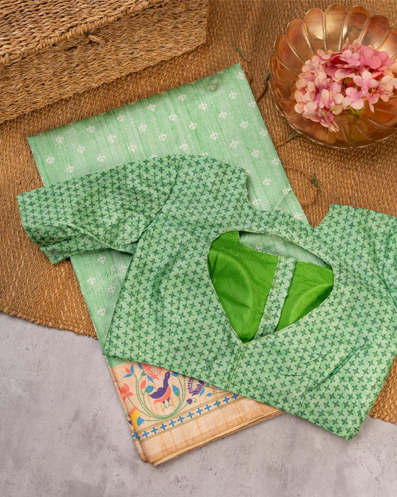Pastel Green Semi Tassar Silk Saree with Paithani Brocade printed Borders & Pallu | Blouse Size 38-44” | Free Shipping