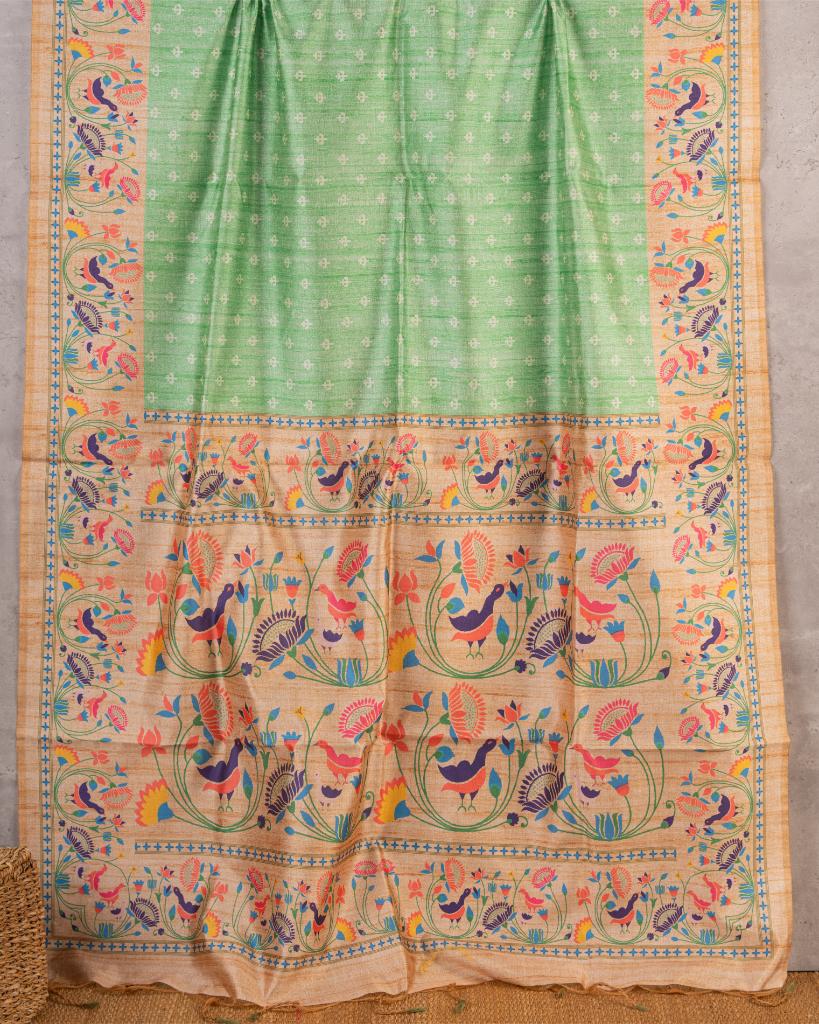 Pastel Green Semi Tassar Silk Saree with Paithani Brocade printed Borders & Pallu | Blouse Size 38-44” | Free Shipping