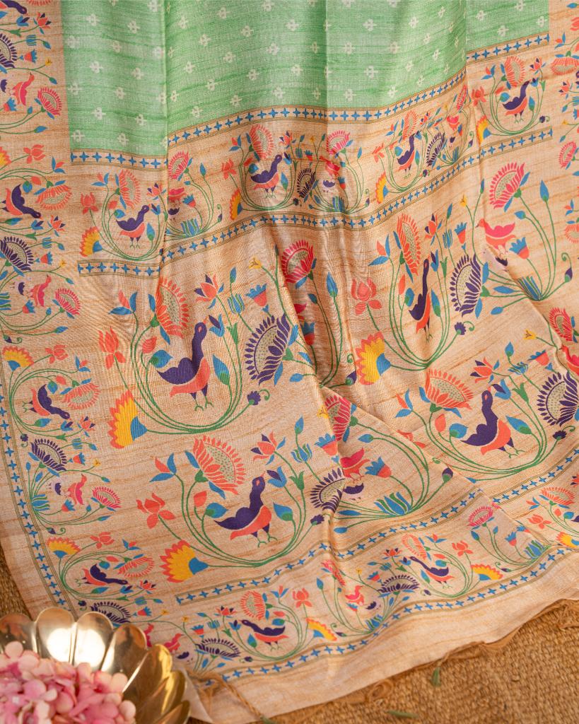 Pastel Green Semi Tassar Silk Saree with Paithani Brocade printed Borders & Pallu | Blouse Size 38-44” | Free Shipping