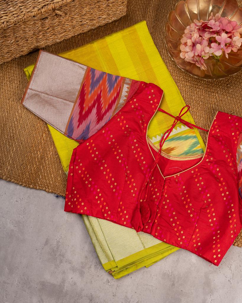 Yellow and Red Mangalagiri Silk Saree with Ikkat Weave in the Border with Silver Zari | Blouse Size 38-44” | Free Shipping