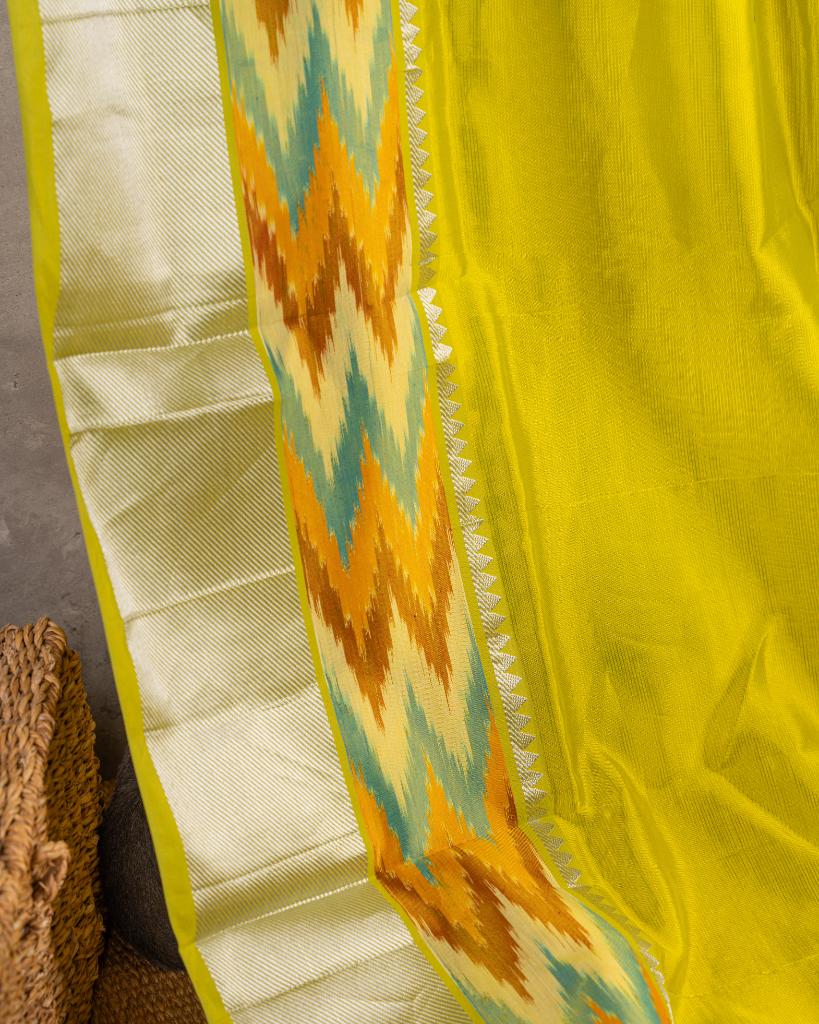 Yellow and Red Mangalagiri Silk Saree with Ikkat Weave in the Border with Silver Zari | Blouse Size 38-44” | Free Shipping