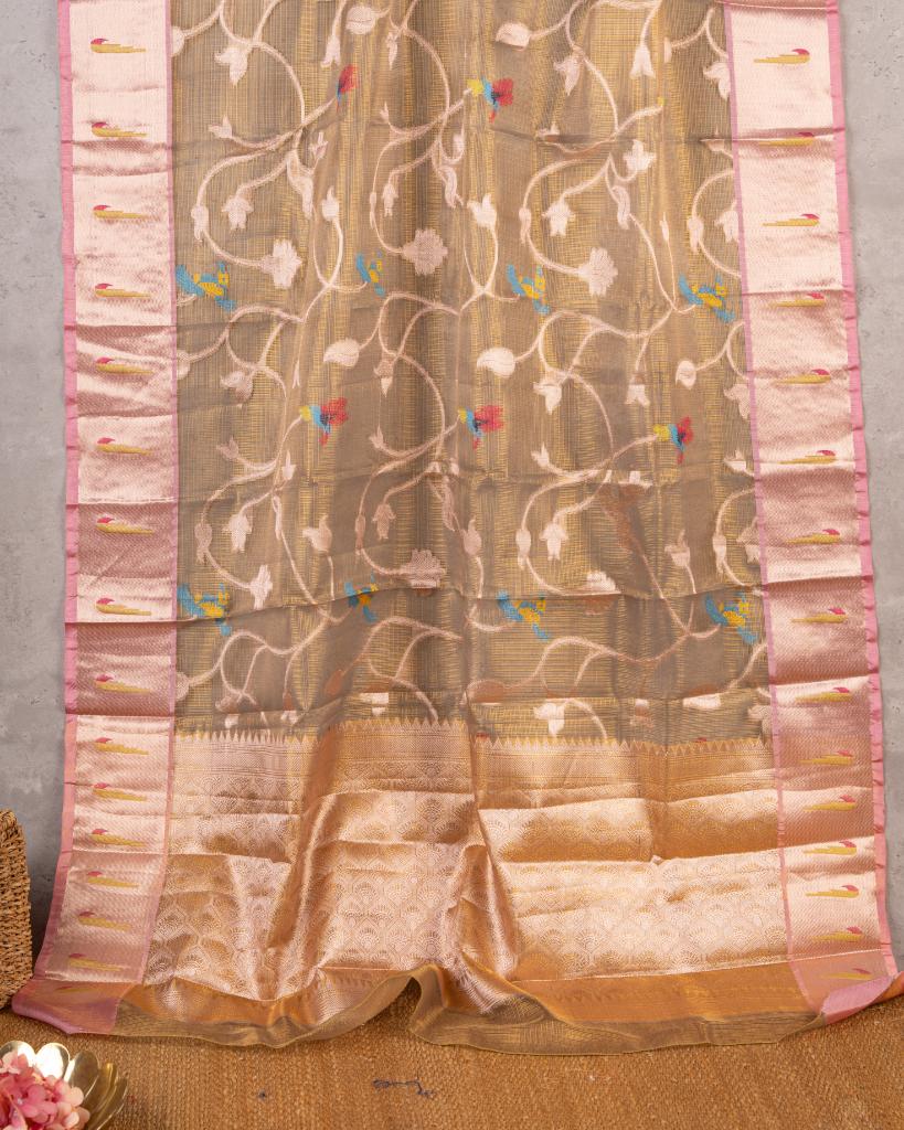 Golden Kota Silk Saree with Brocade floral weaving all over the saree and Single Muniya Paithani Woven Borders with Handwork Blouse | Blouse Size 38-44” | Free Shipping