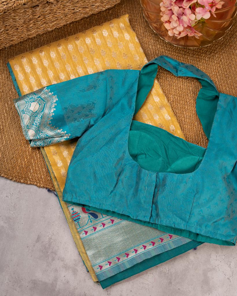 Paithani Brocade pattern weaving on Mustard Semi Chanderi Silk Saree with Silver Borders & with Aqua Patterned Blouse | Blouse Size 38-44” | Free Shipping