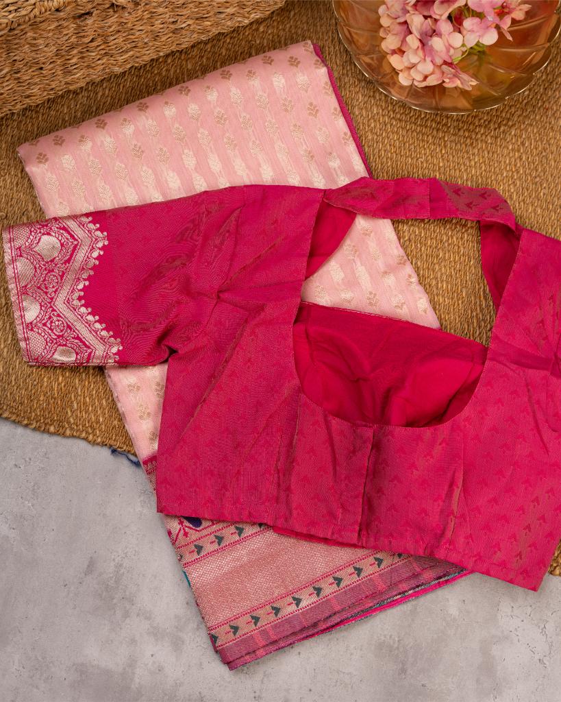 Baby Pink Paithani Brocade pattern weaving Semi Chanderi Silk Saree with Silver Borders & with Magenta Patterned Blouse | Blouse Size 38-44 | Free Shipping