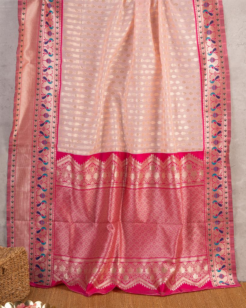 Baby Pink Paithani Brocade pattern weaving Semi Chanderi Silk Saree with Silver Borders & with Magenta Patterned Blouse | Blouse Size 38-44 | Free Shipping