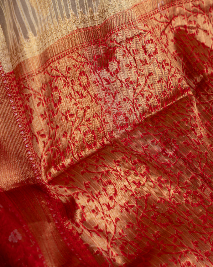 Beige Banarasi Kora Silk Saree with Red meenakari borders & Red Pattern Blouse | Blouse size 38-44" | Free Shipping