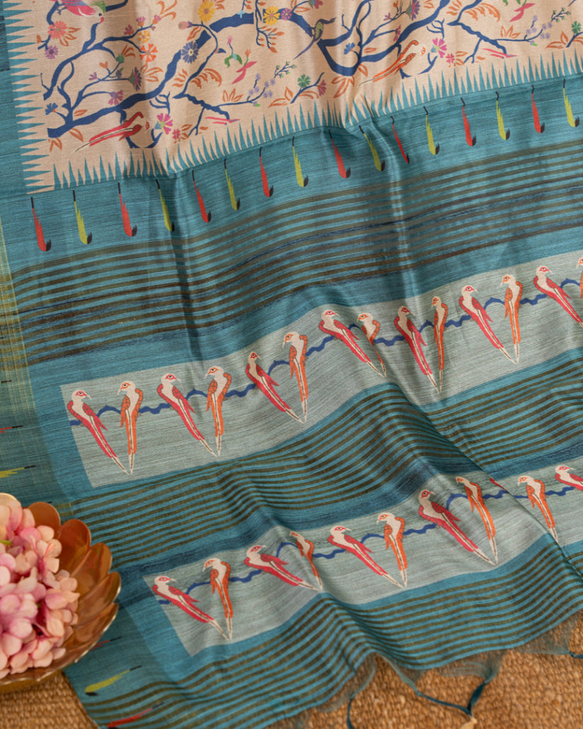 Beige Semi Tassar Silk Saree with Paithani Brocade printed Borders & Blue Pallu | Blouse Size 38-44” | Free Shipping
