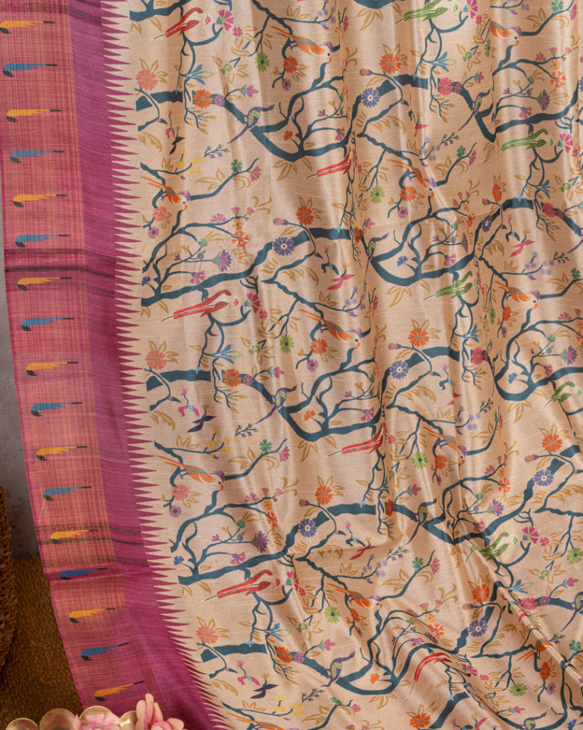 Beige Semi Tassar Silk Saree with Paithani Brocade with Magenta printed Borders & Rust Pallu | Blouse Size 38-44” | Free Shipping