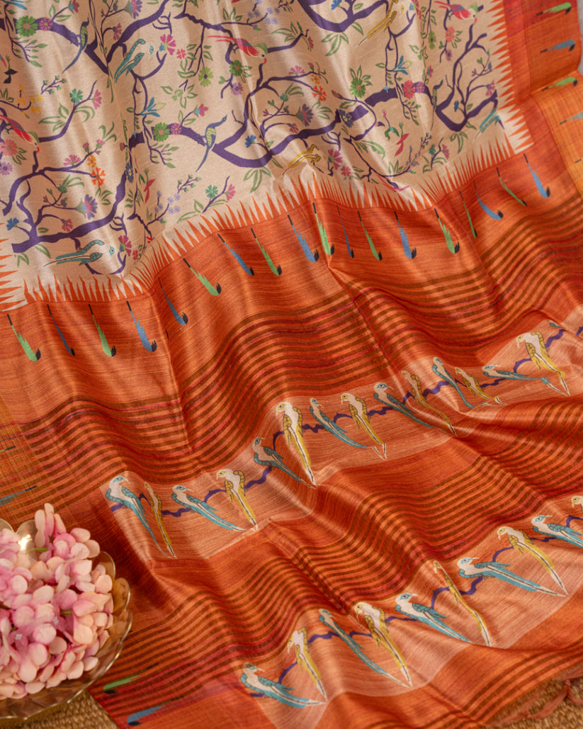 Beige Semi Tassar Silk Saree with Paithani Brocade with Rust printed Borders & Rust Pallu | Blouse Size 38-44” | Free Shipping