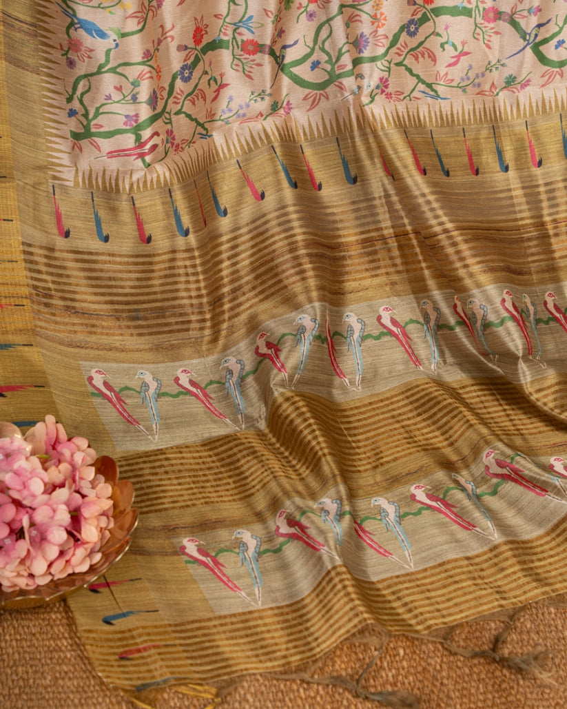 Beige Semi Tassar Silk Saree with Paithani Brocade with Tan printed Borders & Tan Pallu | Blouse Size 38-44” | Free Shipping
