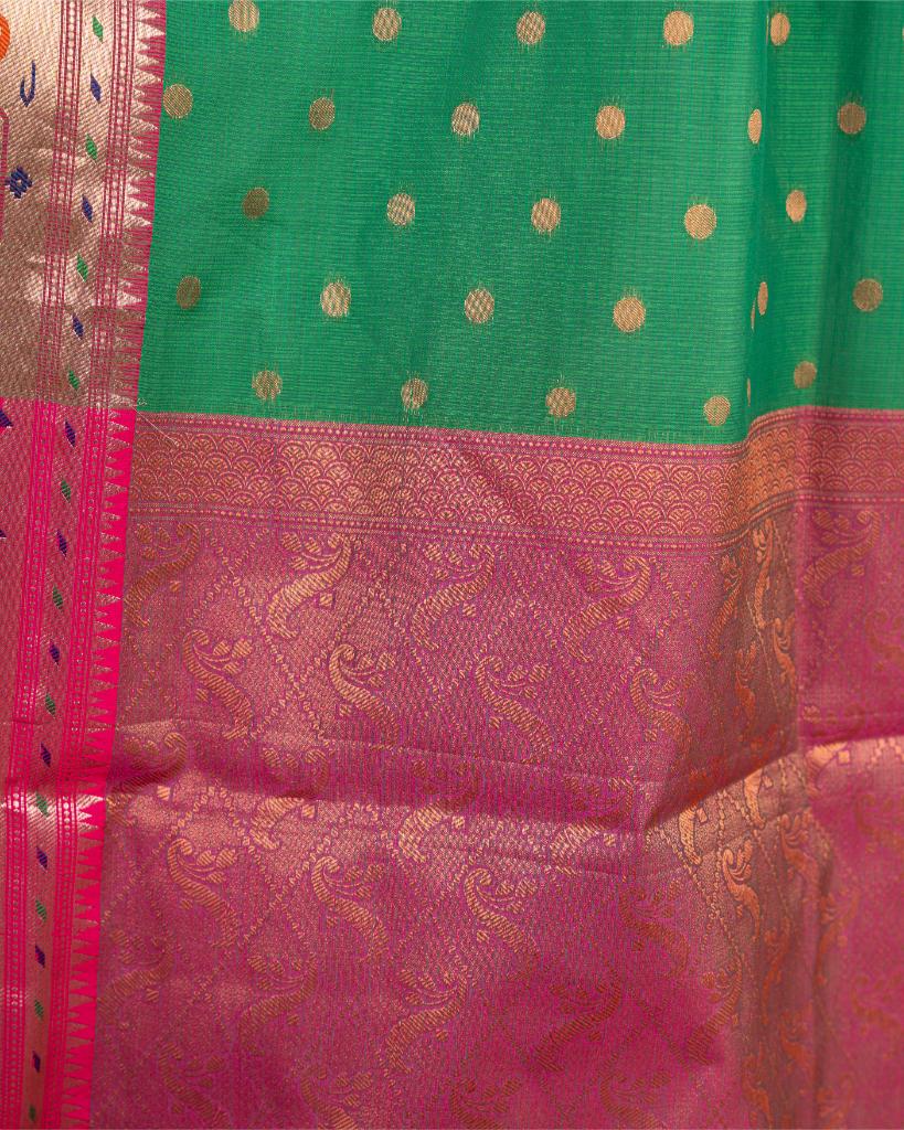 Bottle Green Kota Semi Silk with Paithani Brocade Borders Red & Red Patterened Banarasi Brocade Blouse | Blouse Size 38-44” | Free Shipping