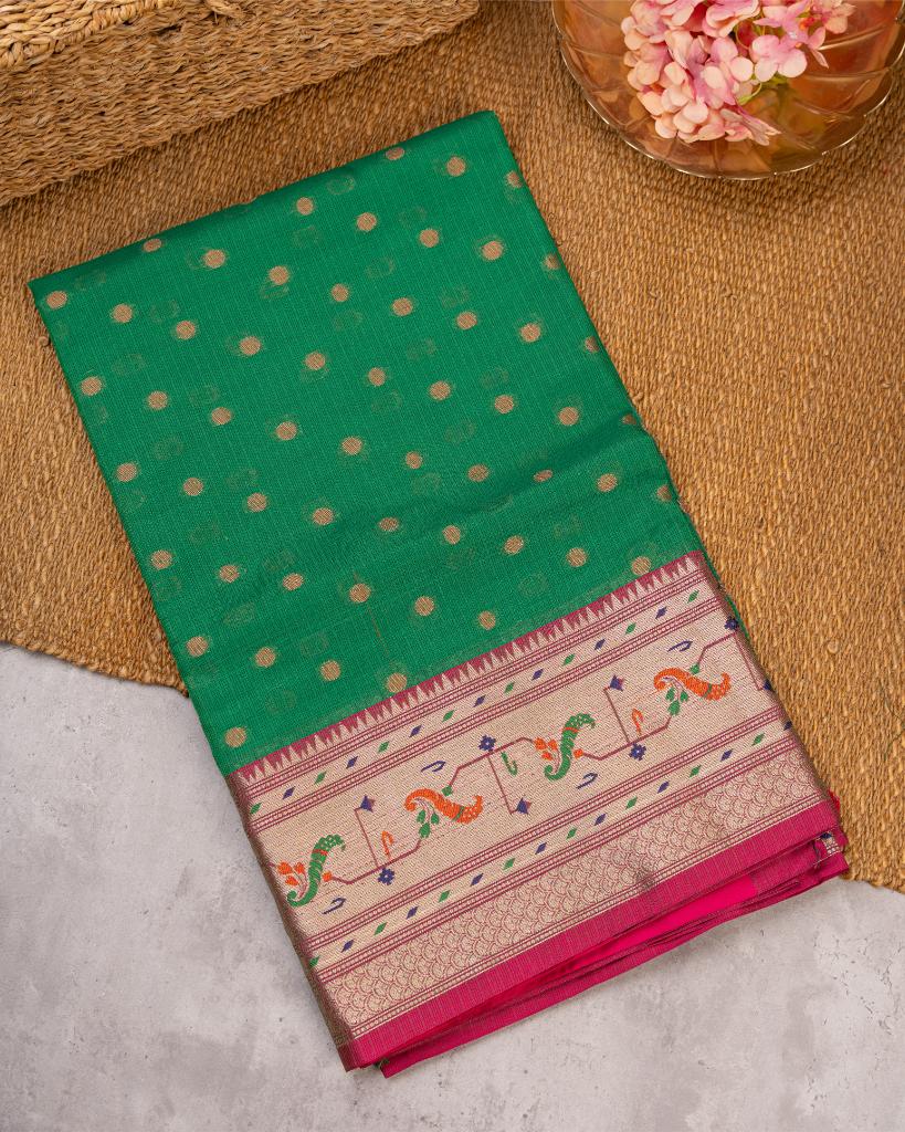 Bottle Green Kota Semi Silk with Paithani Brocade Borders Red & Red Patterened Banarasi Brocade Blouse | Blouse Size 38-44” | Free Shipping