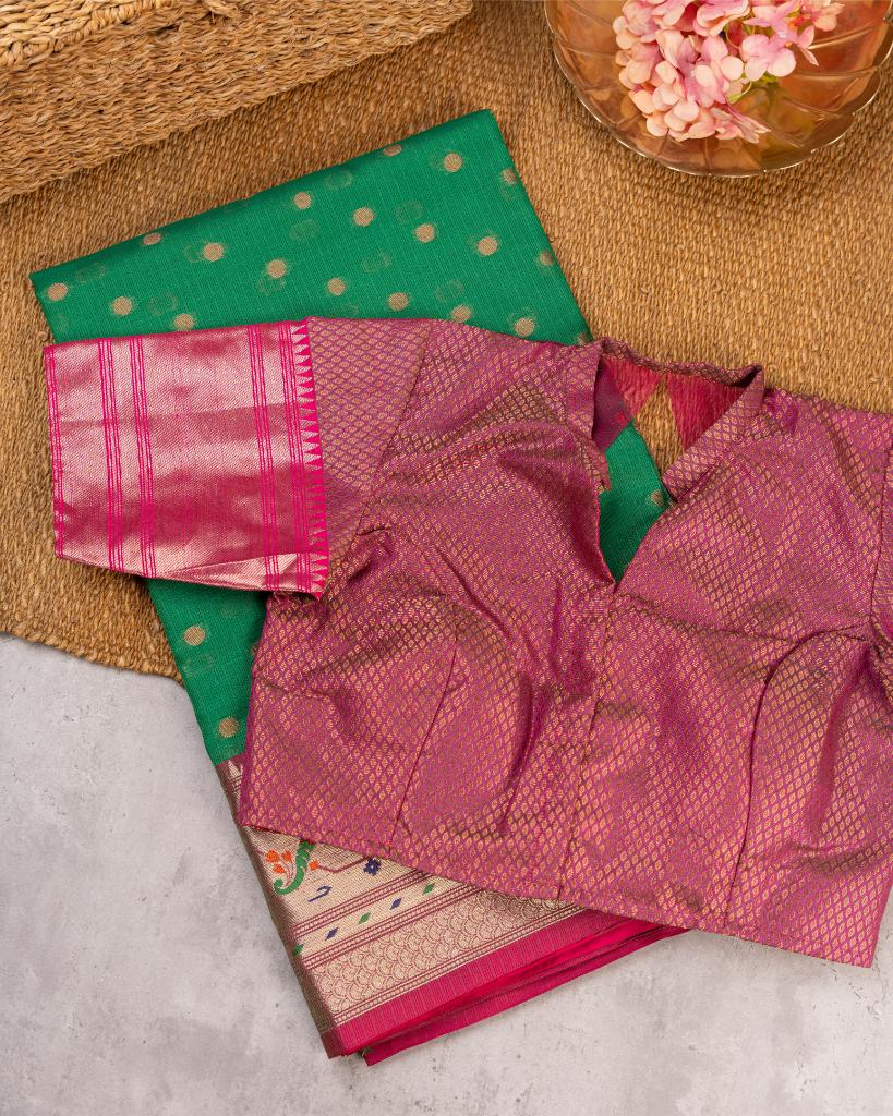 Bottle Green Kota Semi Silk with Paithani Brocade Borders Red & Red Patterened Banarasi Brocade Blouse | Blouse Size 38-44” | Free Shipping
