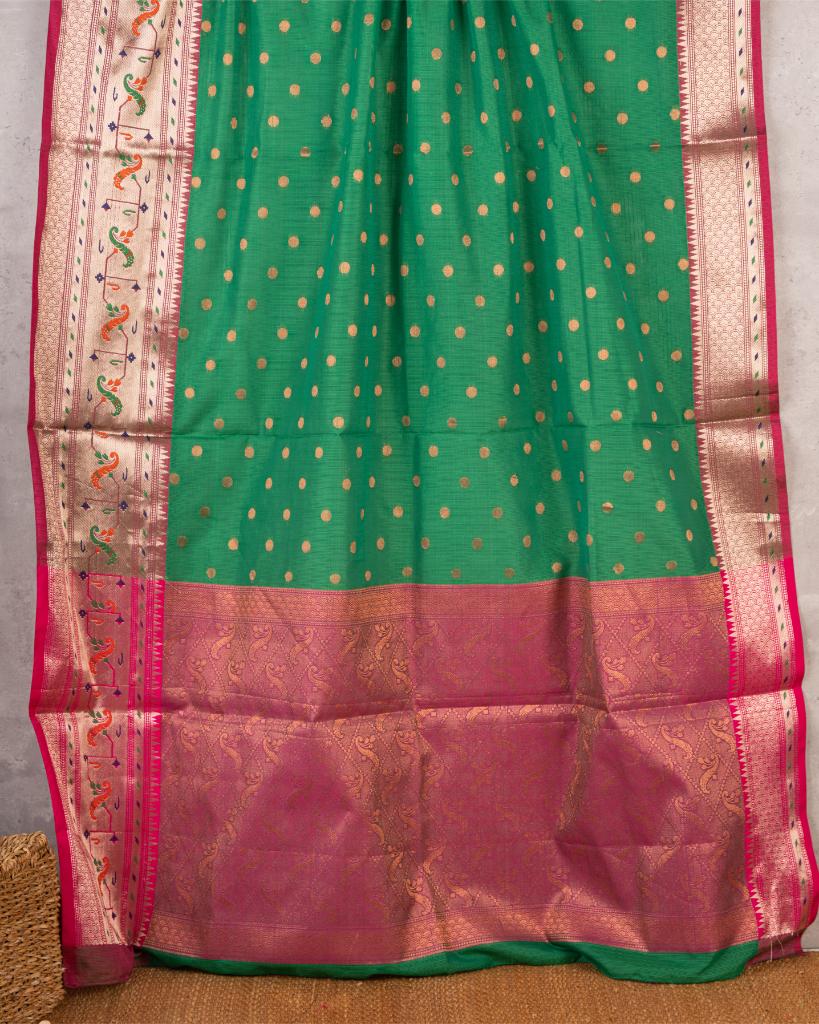 Bottle Green Kota Semi Silk with Paithani Brocade Borders Red & Red Patterened Banarasi Brocade Blouse | Blouse Size 38-44” | Free Shipping