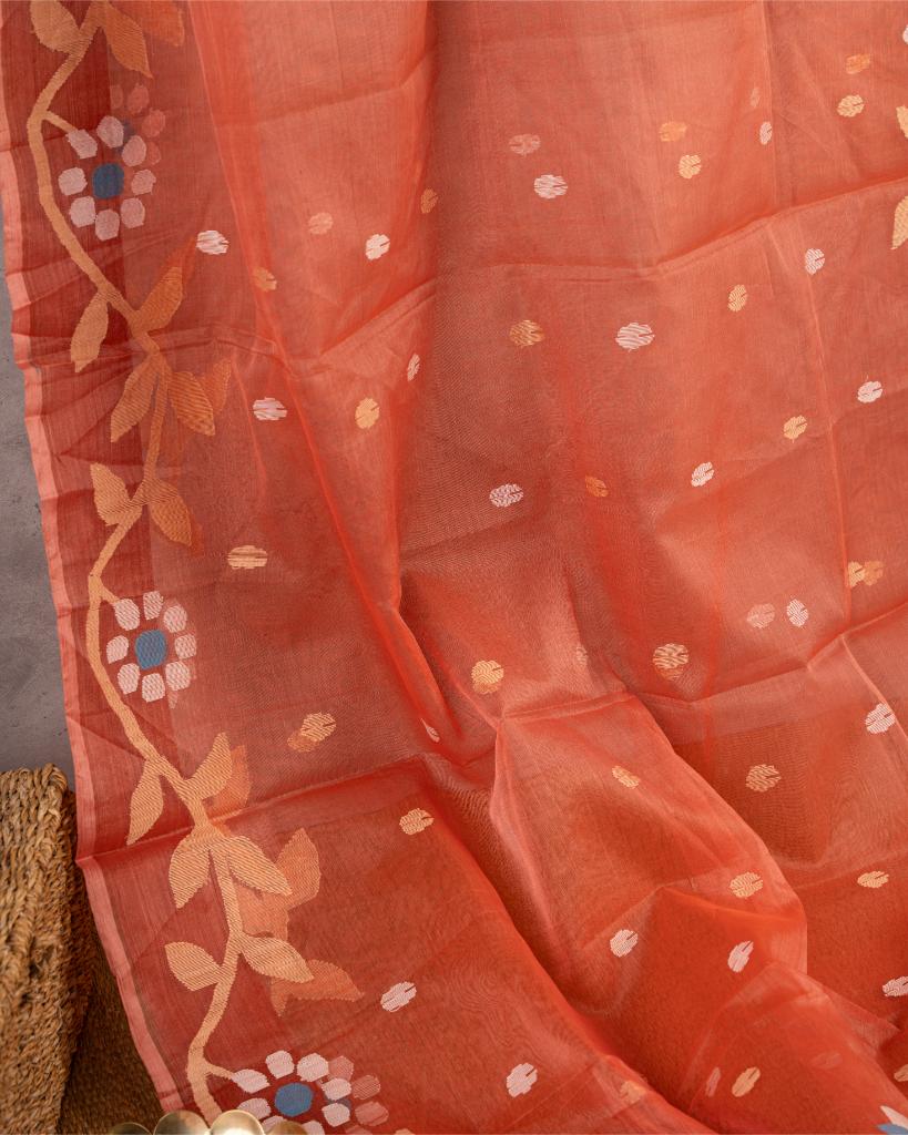 Brick Red Pure Muslin Silk Saree with Handwoven Jamdhani Floral Patterns & Blue Machine Embroidered Blouse | Blouse Size 38-44” | Free Shipping