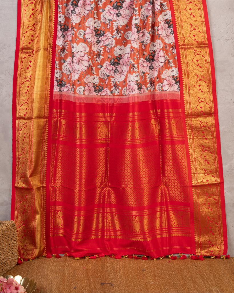 Exclusive Designer Floral Prints on Peach Gadwal Silk Saree with Intricately Woven Peacock Borders in Red & Zardosi Embroidered Blouse | Blouse Size 38-44 | Free Shipping
