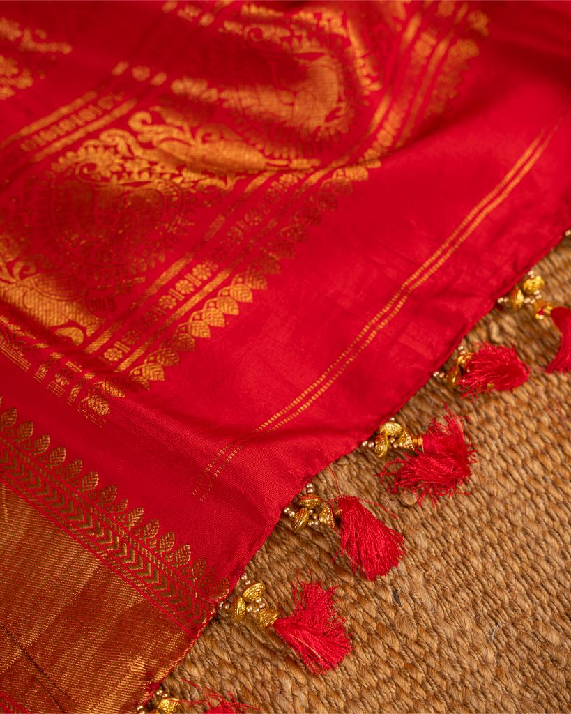 Exclusive Designer Floral Prints on Peach Gadwal Silk Saree with Intricately Woven Peacock Borders in Red & Zardosi Embroidered Blouse | Blouse Size 38-44 | Free Shipping