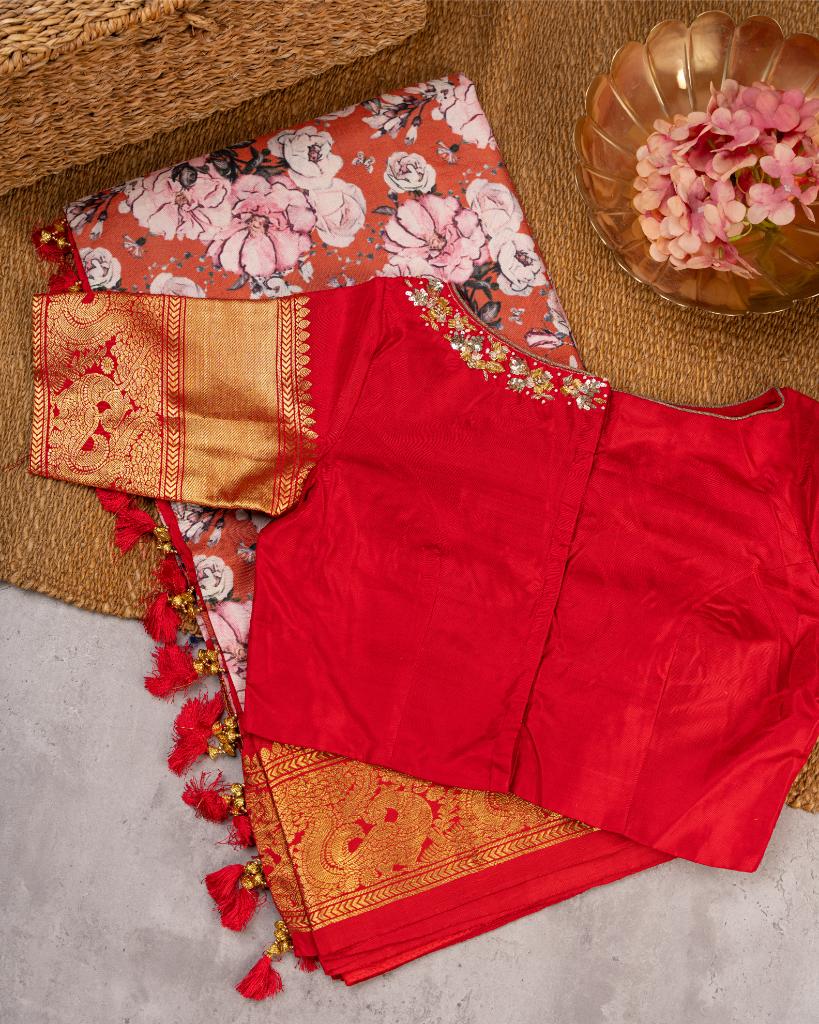 Exclusive Designer Floral Prints on Peach Gadwal Silk Saree with Intricately Woven Peacock Borders in Red & Zardosi Embroidered Blouse | Blouse Size 38-44 | Free Shipping