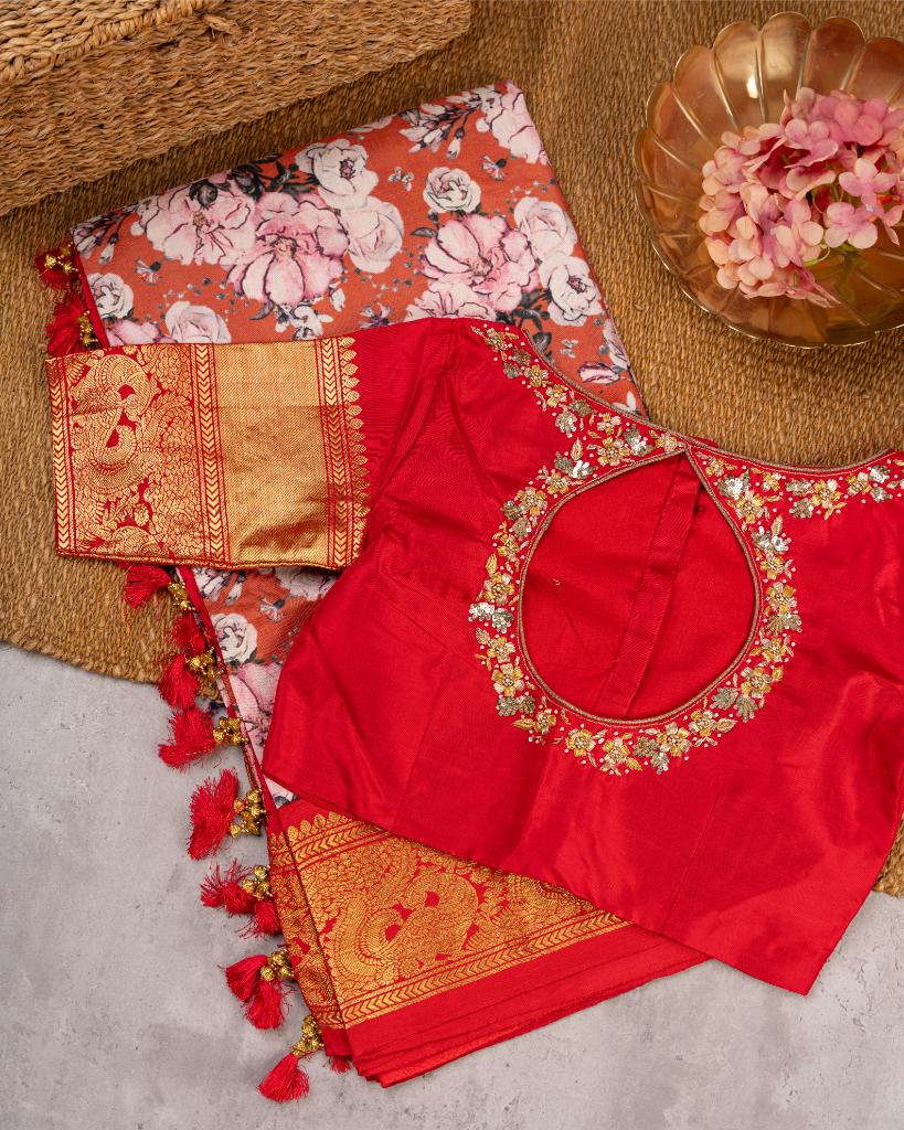 Exclusive Designer Floral Prints on Peach Gadwal Silk Saree with Intricately Woven Peacock Borders in Red & Zardosi Embroidered Blouse | Blouse Size 38-44 | Free Shipping