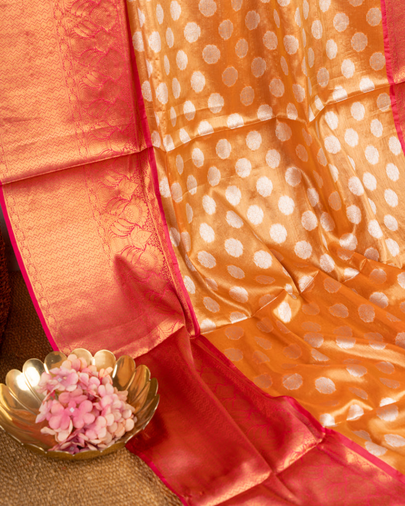 Golden Banarasi Tissue Kora with Pink Kaduwa Borders & Pink Banarasi Blouse | Blouse Size 38-44” | Free Shipping