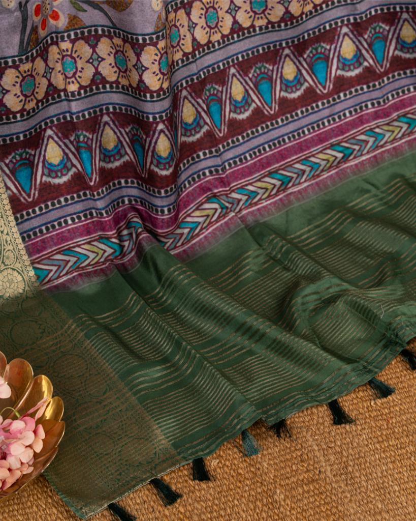 Grey Pure Banarasi Dola Silk Saree with Kalamkari Prints and Green Banarasi Borders with Green Banarasi Brocade Blouse | Blouse Size 38-44” | Free Shipping