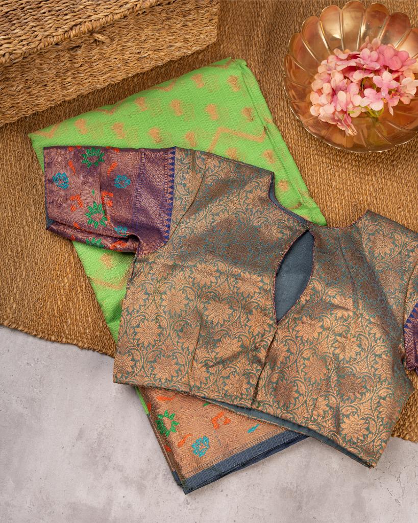 Light Green Kota Semi Silk with Blue Banarasi Brocade Borders & Blue Banarasi Brocade Patteren Blouse | Blouse Size 38-44” | Free Shipping