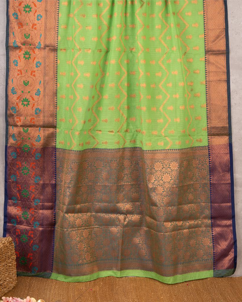 Light Green Kota Semi Silk with Blue Banarasi Brocade Borders & Blue Banarasi Brocade Patteren Blouse | Blouse Size 38-44” | Free Shipping