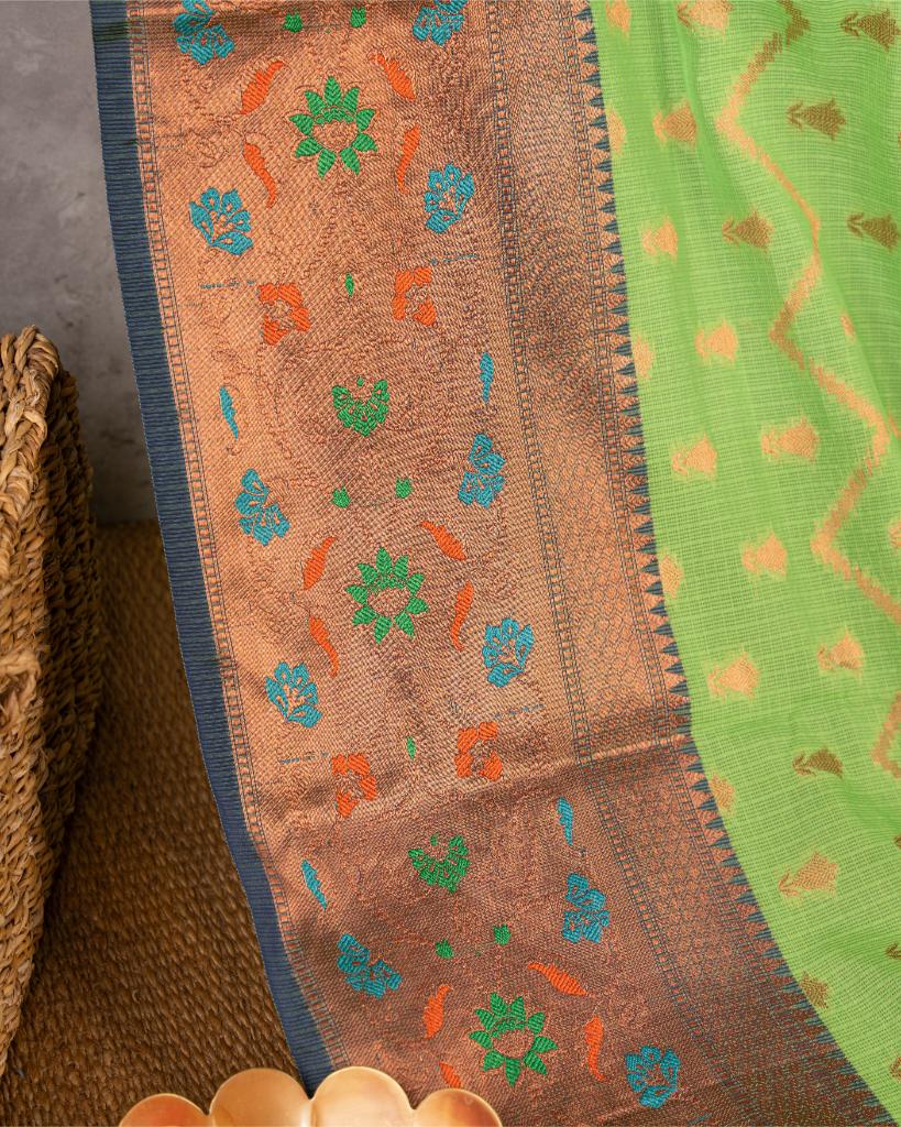 Light Green Kota Semi Silk with Blue Banarasi Brocade Borders & Blue Banarasi Brocade Patteren Blouse | Blouse Size 38-44” | Free Shipping