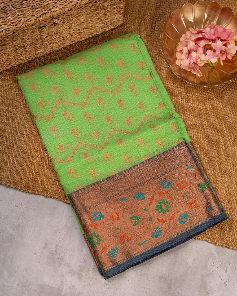 Light Green Kota Semi Silk with Blue Banarasi Brocade Borders & Blue Banarasi Brocade Patteren Blouse | Blouse Size 38-44” | Free Shipping