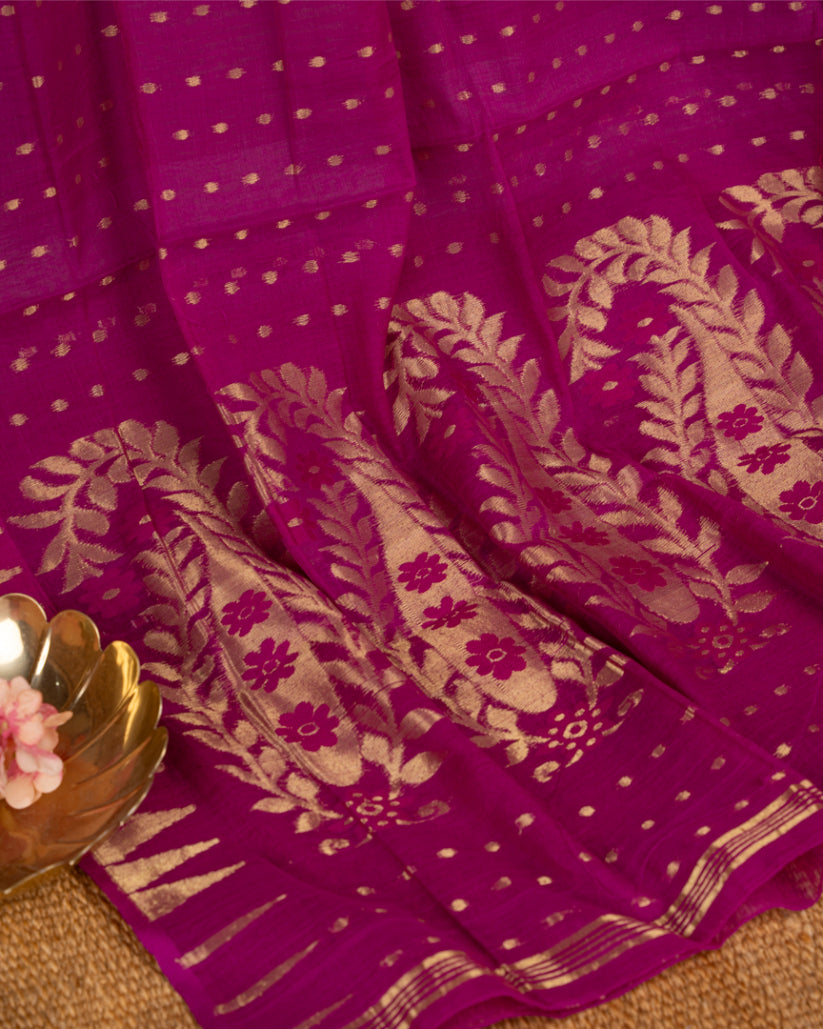 Magenta Bengal Dhakai Jamdhani Silk cotton saree with Zari flower motiffs With Mustard Pure Gorgette Tassar Floral Printed Blouse in Size 38-44"| Free Shipping |