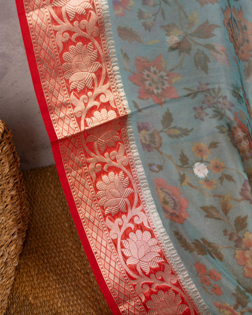 Most Sold | Pastel Blue Banarasi Kora Floral Printed Silk Saree with Red Banarasi Borders & Red Patten Blouse | Blouse Size 38-44” | Free Shipping