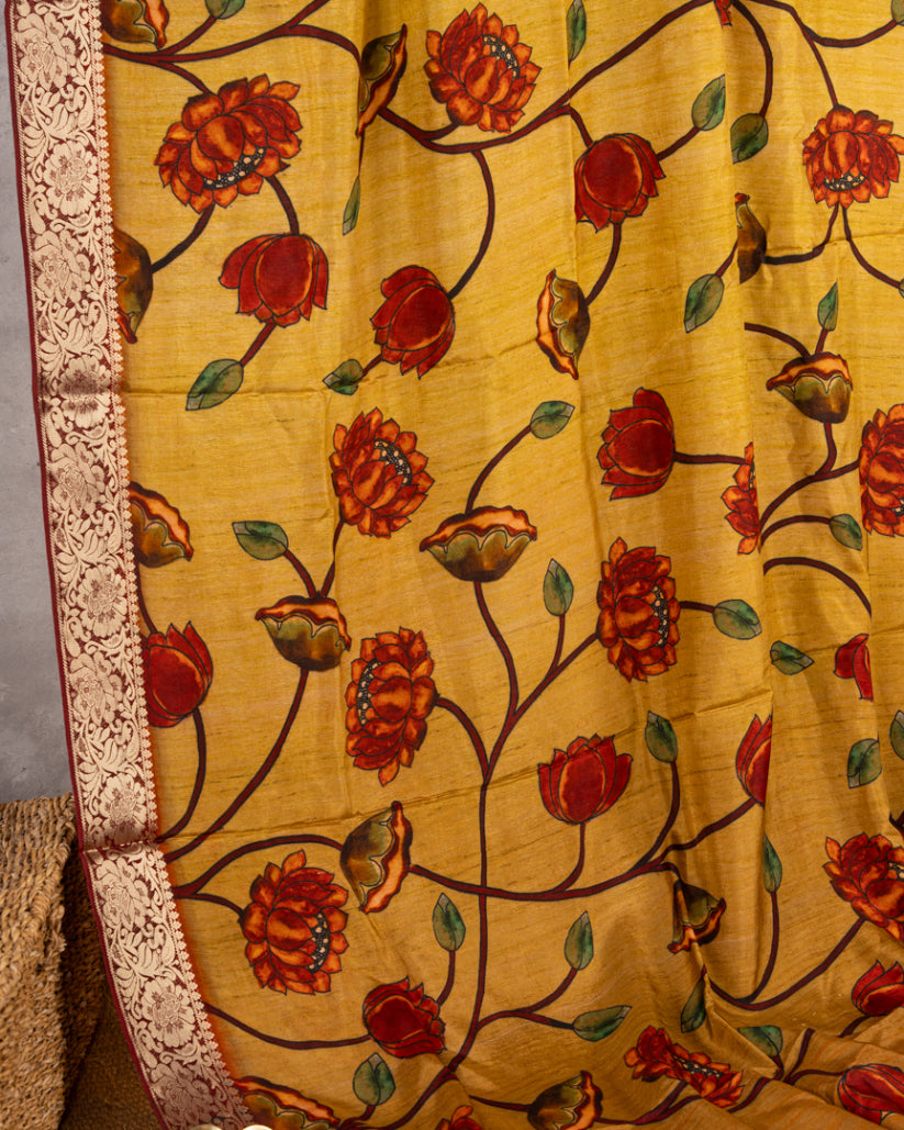Mustard Munga Silk With Kalamkari Prints and Banarasi Borders with Banarasi Blouse | Blouse Size 38-44” | Free Shipping