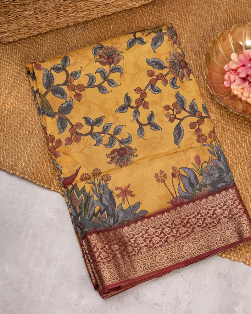 Mustard Pure Banarasi Dola Silk Saree with Kalamkari Prints and Maroon Banarasi Borders with Maroon Banarasi Brocade Blouse | Blouse Size 38-44” | Free Shipping