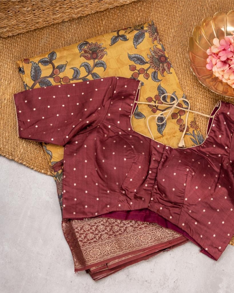 Mustard Pure Banarasi Dola Silk Saree with Kalamkari Prints and Maroon Banarasi Borders with Maroon Banarasi Brocade Blouse | Blouse Size 38-44” | Free Shipping