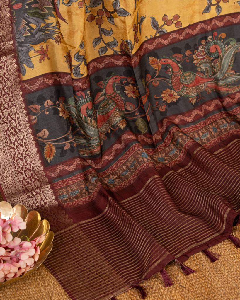 Mustard Pure Banarasi Dola Silk Saree with Kalamkari Prints and Maroon Banarasi Borders with Maroon Banarasi Brocade Blouse | Blouse Size 38-44” | Free Shipping