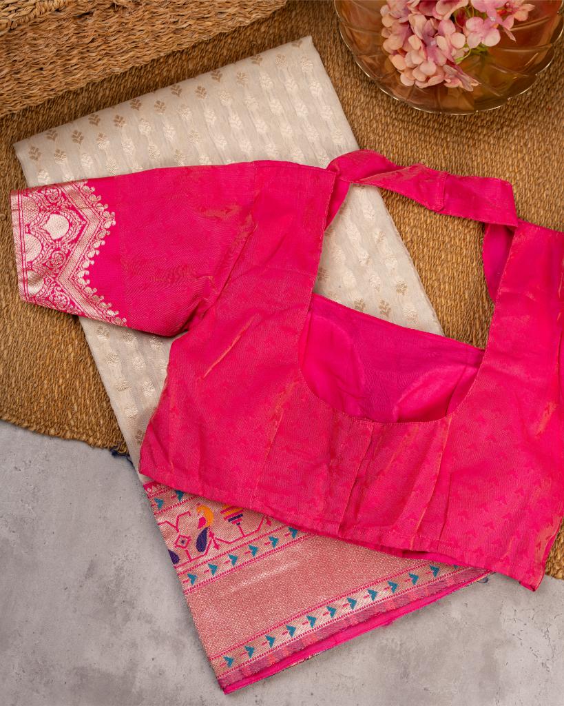 Off White Paithani Brocade pattern weaving Semi Chanderi Silk Saree with Silver Borders & with Magenta Patterned Blouse | Blouse Size 38-44” | Free Shipping