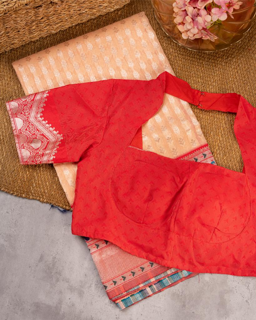 Paithani Brocade pattern weaving on Peach Semi Chanderi Silk Saree with Silver Borders & with Red Patterned Blouse | Blouse Size 38-44 | Free Shipping