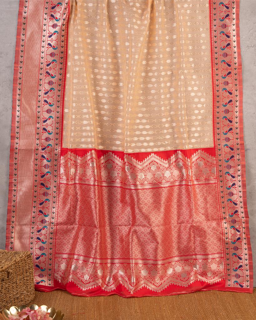 Paithani Brocade pattern weaving on Peach Semi Chanderi Silk Saree with Silver Borders & with Red Patterned Blouse | Blouse Size 38-44 | Free Shipping